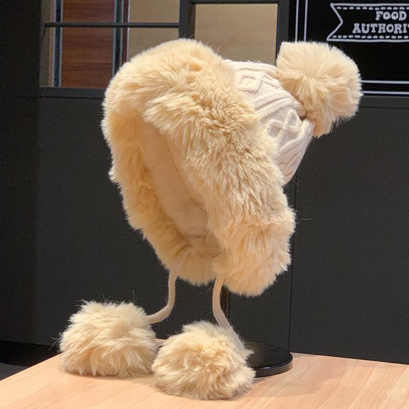 

Berets Winter 2022 Sweet Cute Wool Ball Lei Feng Hat Plush Thickened Knitted Warm Ear Protection Women's Pullover, White