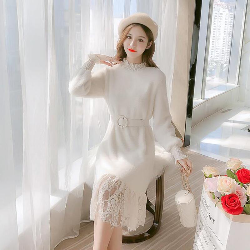 

Women' Sweaters High-end Knit Sweater Pullover Dress Lmitation Mink Cashmeres Lace Plice Dresses Winter Turtleneck Jumper Vestidos, White