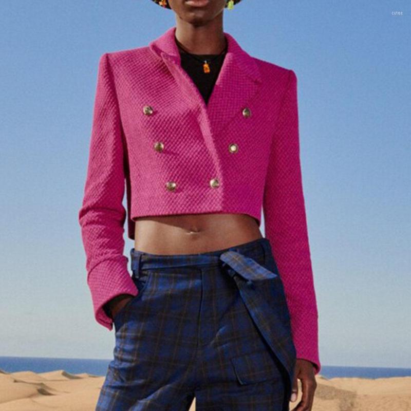 

Women's Suits Autumn And Winter Women's Double Breasted Cropped Textured Blazer Short Jacket Tops, Rose red