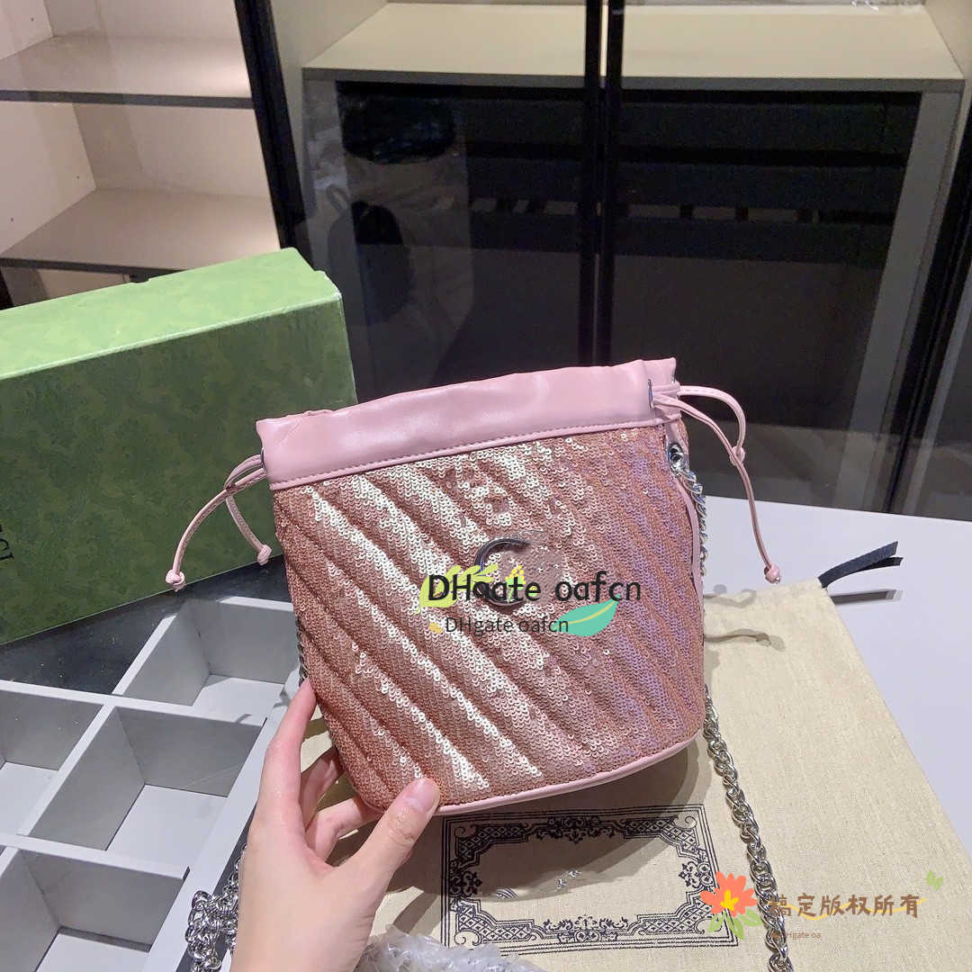

Luxury Designer Waistpack Crossbody Bag Famous Marmont Sequins Fashion Shoulder Bags Blondie Round Buckle Bucket Bag, Pink 18*20*14cm