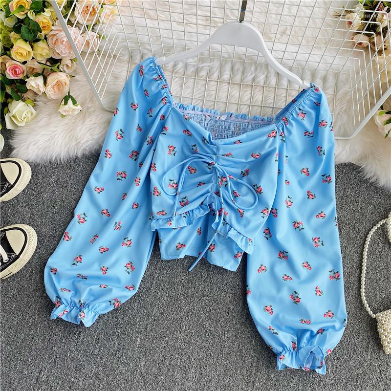 

Women's Blouses Hikigawa Chic Fashion Women Retro V Neck Floral Printed Casual Shirts Early Autumn Slim Fit Long Sleeve Short Blouse Top, Pink