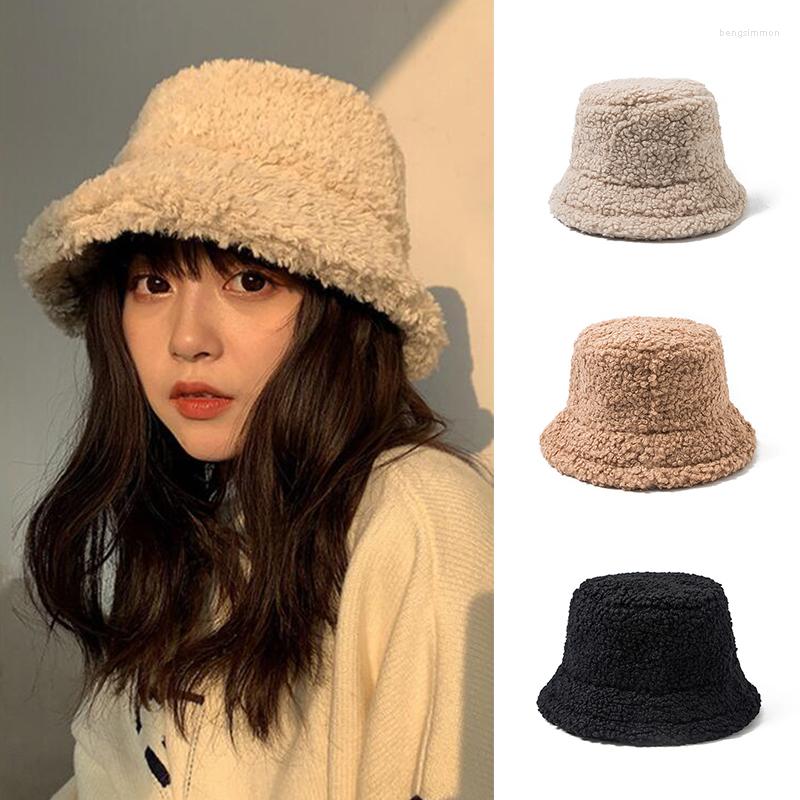 

Berets Women Hat Solid Artificial Fur Warm Female Cap Faux Winter Bucket For Outdoor Sunscreen Sun Hats Panama Lady Caps, Black