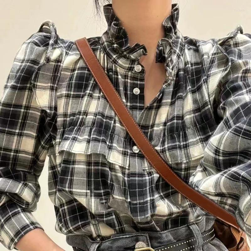 

Women' Blouses Boho Inspired Plaid Shirt Women Ruflled Neckline Buttons Casual Autumn Chic Streetwear Tops Shirts, Black