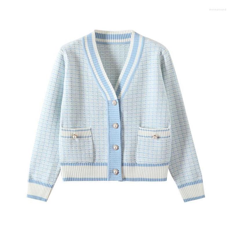 

Women's Knits 2022 Korean Fashion Plaid Short Cardigan Women's V Neck Knitted Sweater Coat Autumn Winter Casual Single Breasted Femme, Black