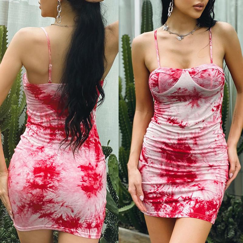 

Casual Dresses Women Summer Mini Dress Bodycon Female Adults Tie-Dye Print Sleeveless Spaghetti Strap Skinny Party, Picture shown