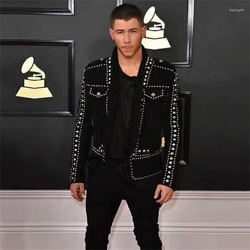 

Men' Suits Autumn Suit Mens And Womens Blazer Winter Net Red Deerskin Velvet Heavy Industry Rivet Jacket Handsome Nightclub Performance, Black