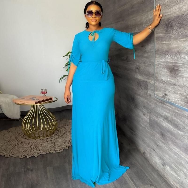 

Ethnic Clothing Long African Dresses For Women V Neck Drawstring Sleeve Robes Fashion Solid Color Slim Draped Maxi Dress Vestidos
