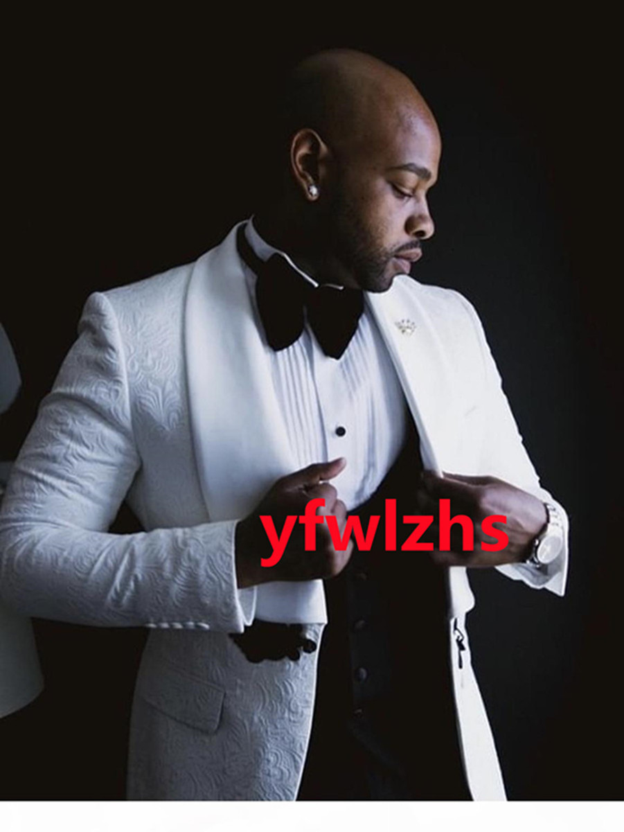 

Custom-made Groom Tuxedos Embossing Men Suits Shawl Lapel Groomsmen Wedding/Prom/Dinner Man Blazer Jacket Pants Tie Vest M191, Same as image