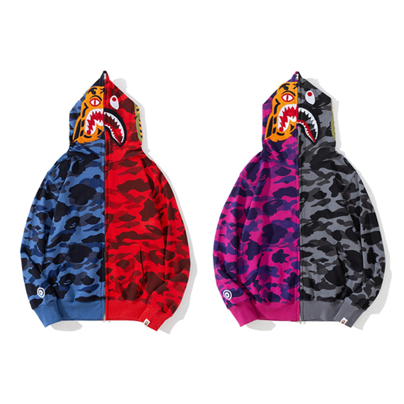 

Bape Mens DesignerTiger Head Hoodies Colorful Patchwork Jackets tMen Women Camouflage Long Sleeve Black White Hooded Jacket Mens Hoodie -3XL, Blue+red