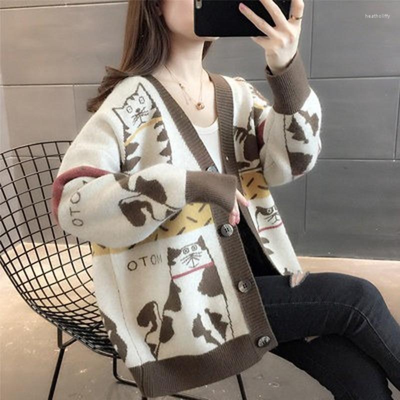 

Women's Knits 2022 Autumn And Winter Fashion Women's Sweater Cardigan Long-sleeved V-neck Cartoon Pattern Casual, Beige