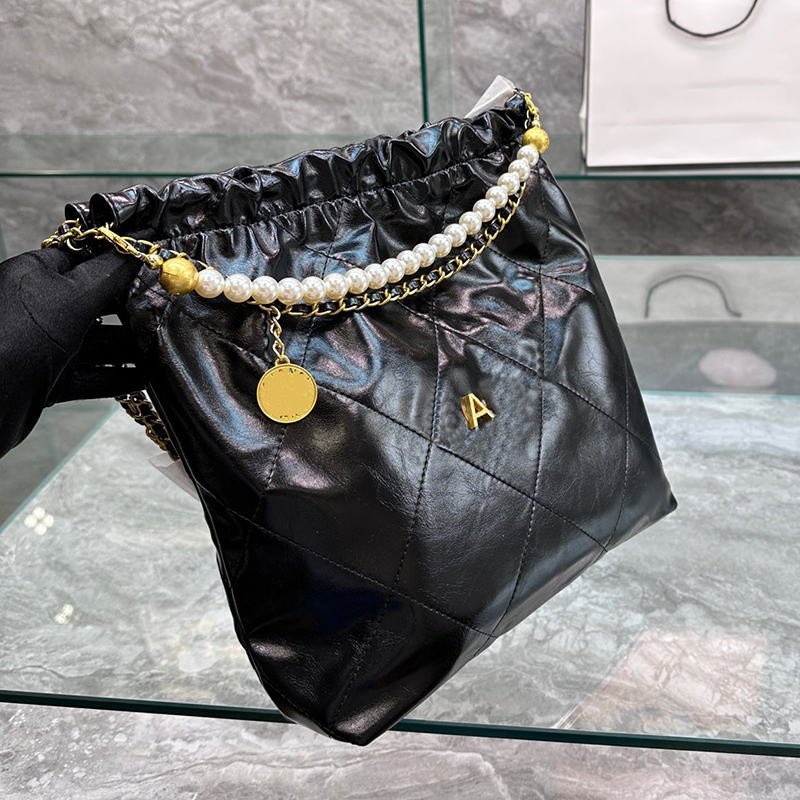 

Designer Women 22 Hobo Quilted Tote Shopping Bag France Luxury Brand C Pearls Chain Drawstring Totes Crossbody Handbag Lady Oil Wax Leather Small Shoulder Bags, Black