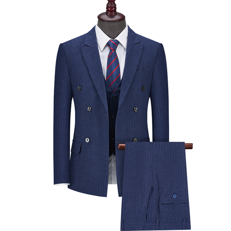 

Men's Suits Blazers Fashion Business Casual Striped 3 Pcs Suit Sets Male Wedding Double Breasted Jacket Pants Vest 221201, 2 pcs set black