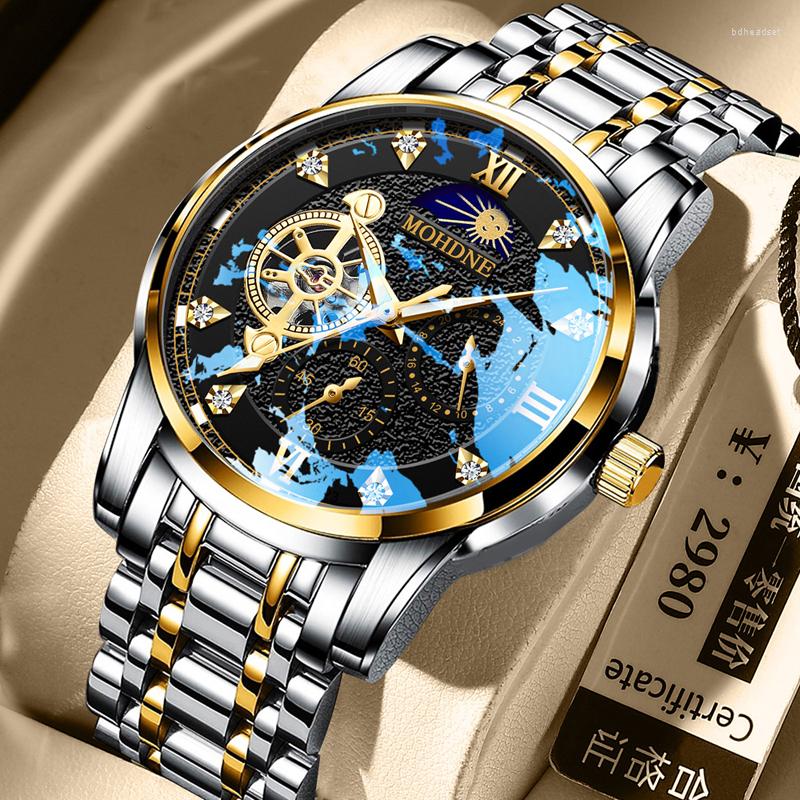

Wristwatches Top Brand Men Mechanical Watch Luxury Stainless Steel Moon Phase Tourbillon Wristwatch Gifts For Male Automatic Wind Up Watches, Black