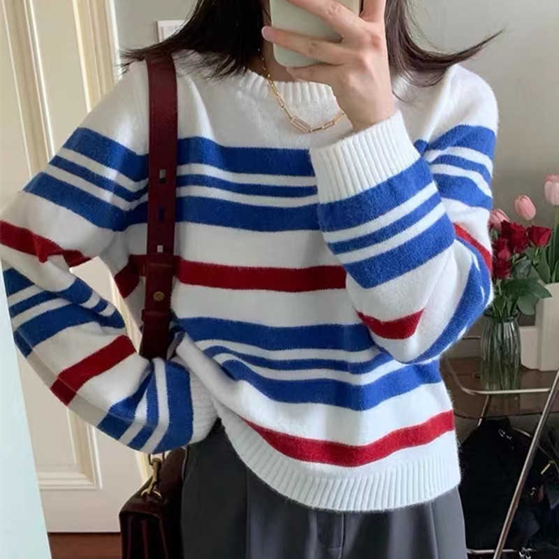 

Women's Jacket Sweater Coat Cell 22FW Celebrity 22 Autumn Blue Stripe Loose Knitted Top WomenElegant Classic Fashion Designer Niche U39M, Picture color