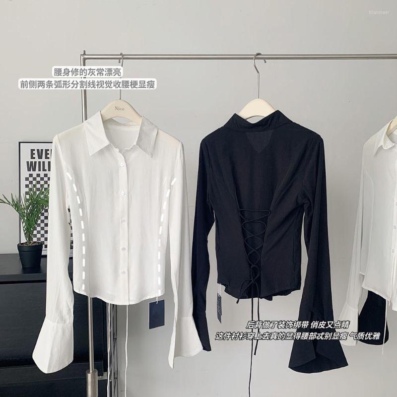 

Women' Blouses Sexy Bandage White Cotton Shirt Women Autumn High-grade Design Slim Turn-down Collar Flare Sleeve Single Breasted Casual, Black
