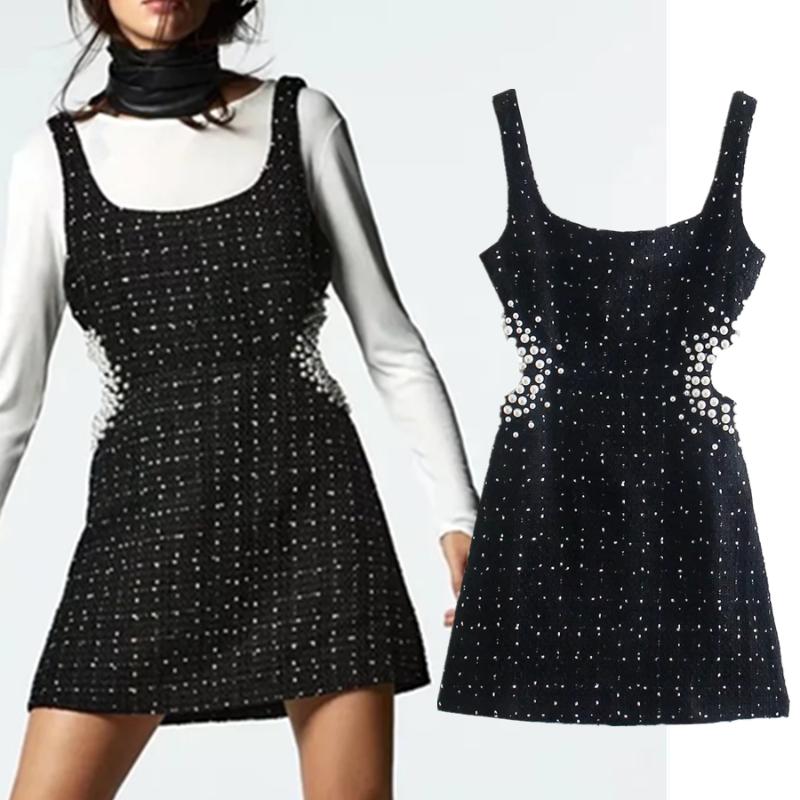 

Casual Dresses Jenny&Dave England Fashion Dress Women Vestidos Tweed Tank Retro Sexy Hollow Out Pearl Mini Winter Tops, Black