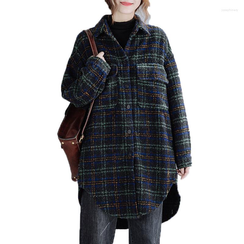 

Women's Wool Autumn Winter Women's Woolen Coat Mid-Long Loose Casual Plaid Jacket Ladies Fashion Blended Outwear Tops 202, Green