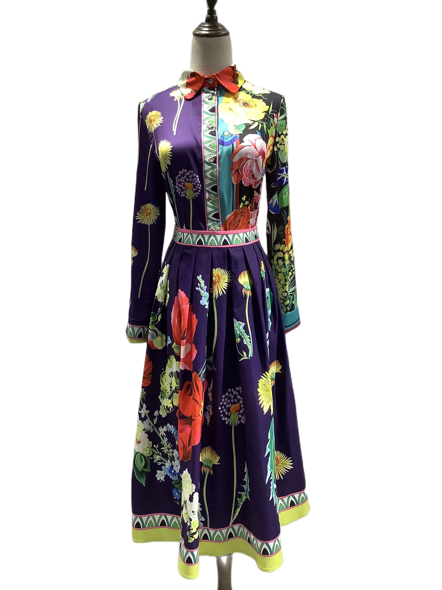 

New high waist lapel in autumn 2023 slim long sleeve shirt printed a-line dress, Customize