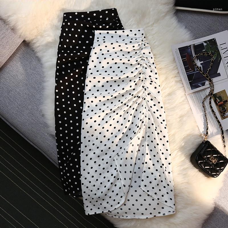 

Skirts Autumn And Winter Women' Skirt Korean Style Fashion Drawstring Pleated Slit Ladies Midi Polka Dot Pencil, Black