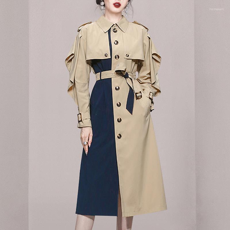 

Women' Trench Coats Korean Fashion Women Elegant Long Autumn Single-Breasted Patchwork Belted Casual Runway Jacket Outerwear, Blue