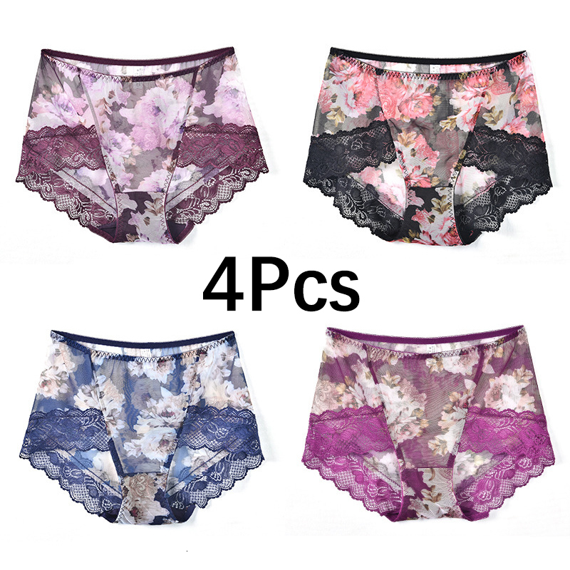 

Women's Panties 4Pcslot Lace Panties Women Mid Waist Plus Size Female Sexy Underwear Ultrathin Transparent Knicker Seamless Briefs Lingerie 221202
