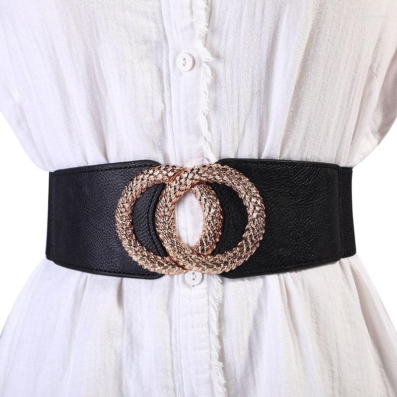 

Belts Fashion Circle Metal Buckle Corset Belt For Women Wide Stretch Waist Strap Ladies Dress Waistband Decorative Clothes Accessories, Black