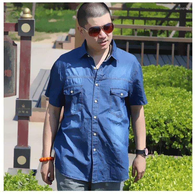 

Men's Casual Shirts Men Denim Shirt Formal Short Sleeve Large Size Big 7XL 8XL Solid Leisure Navy Blue 120kg Blouse, The photo color