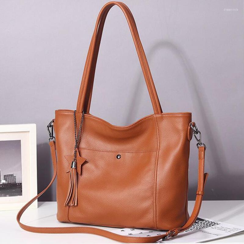 

Evening Bags Women Real Leather Tote Bag Large Capacity Genuine Tassel Handbags Multiple Compartments Ladies Shoulder Crossbody, Brown