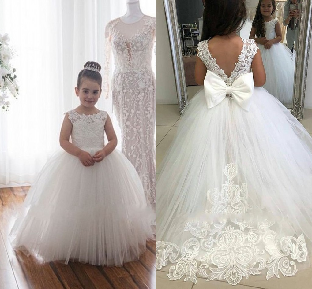 

Lace Tutu Flower Girl Dresses Jewel Neck Appliques Puffy Kids Birthday Communion Dress With Big Bow Back, Ivory