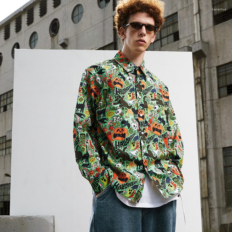 

Men' Casual Shirts Firmranch Men/Women Fall Winter Spring Loose Long Sleeve Shirt Halloween Graffiti Hip Hop BF Style Ins, Green