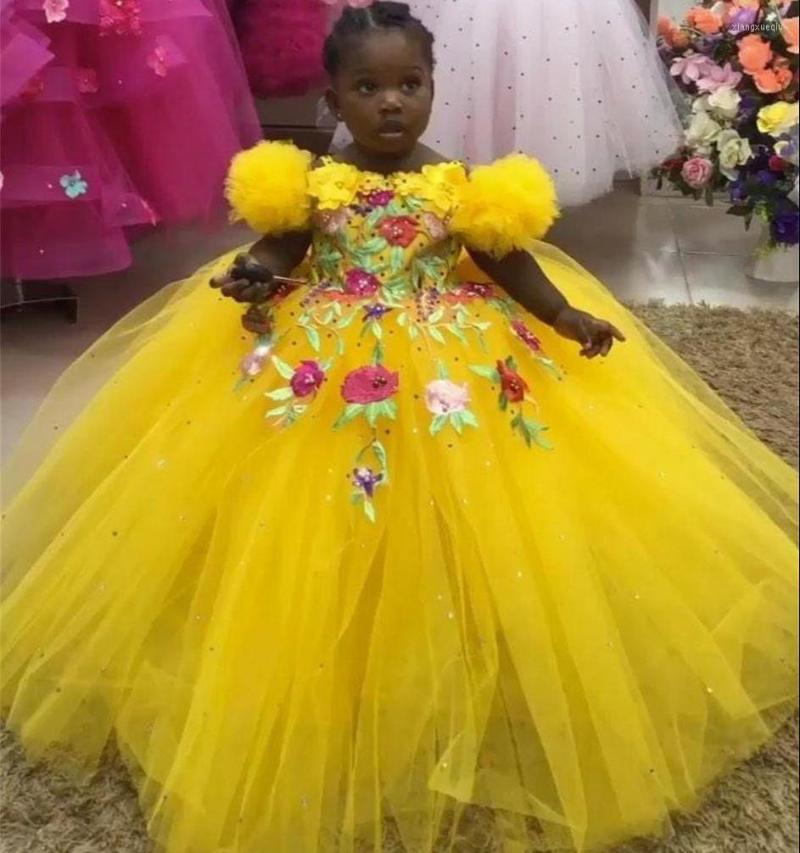 

Girl Dresses Cute Yellow Flower With Embroidery Rhinestones Girls Birthday Party Christmas Dress Ball First Communion Gown, Beige