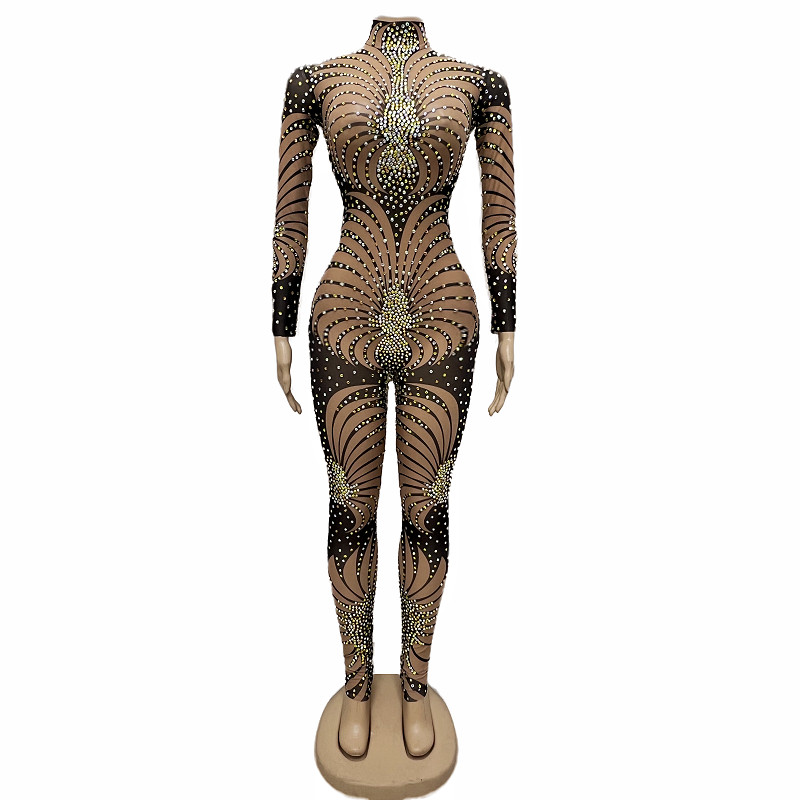 

Stripes Printing Rhinestones Mesh Tight Jumpsuit Women Dancer Singer Sexy Stage Wear Nightclub Transparent Crystals Leotard Dancer Pole Dancing Costume, Picture color