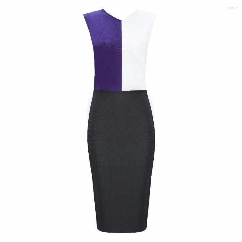 

Casual Dresses 2022 Elegant Women Bandage Bodycon Midi Dress Fashion Black Blue And White Patchwork Vestidos Night Club, Multi
