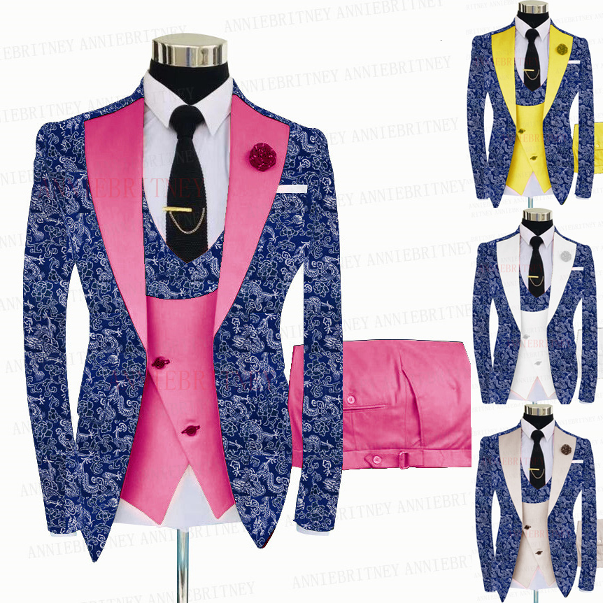

Men's Suits Blazers Fashion Blue Floral Printed Men 3 Piece Groom Wedding Tuxedo Slim Fit Shiny Blazer Jacket Pink Vest Pants Set 221201, Picture 3