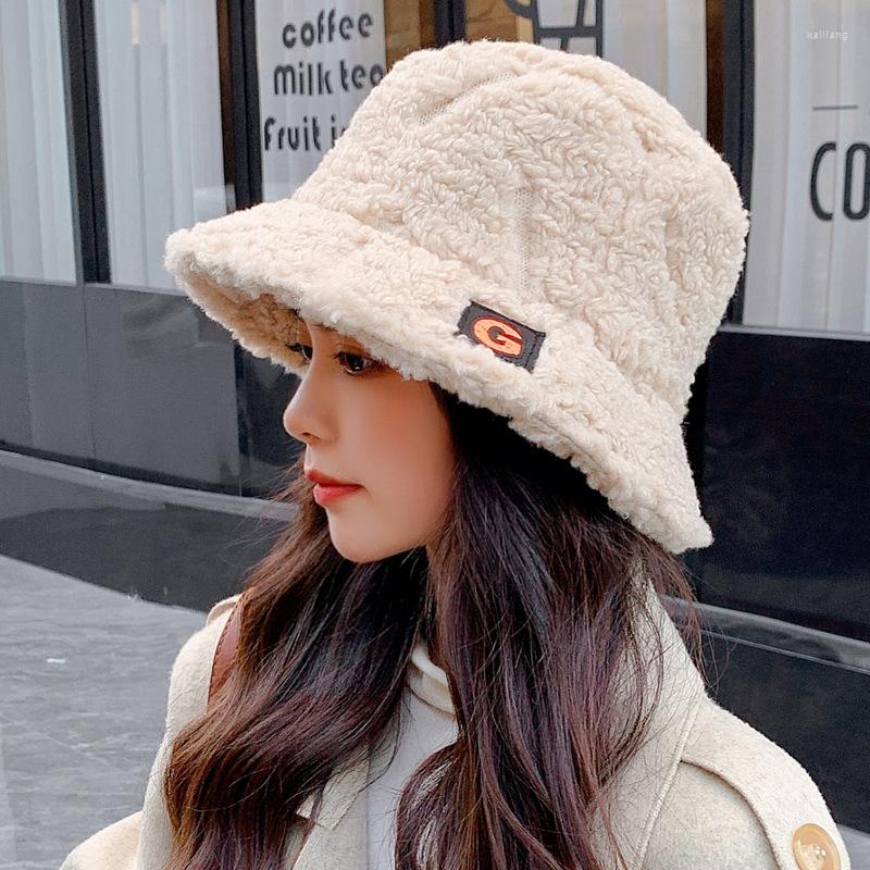 

Berets Autumn Winter Letter Fisherman Hat Female Trendy Korean Version Ins Fashion Lamb Velvet Basin Thickened Warm Bucket