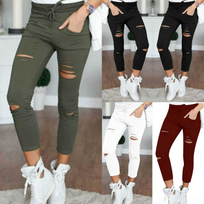 

Women Skinny Ripped Long Pants High Waist Stretch Jeans Elastic Drawstring Pencil Trousers BlackWine Wine Red, White