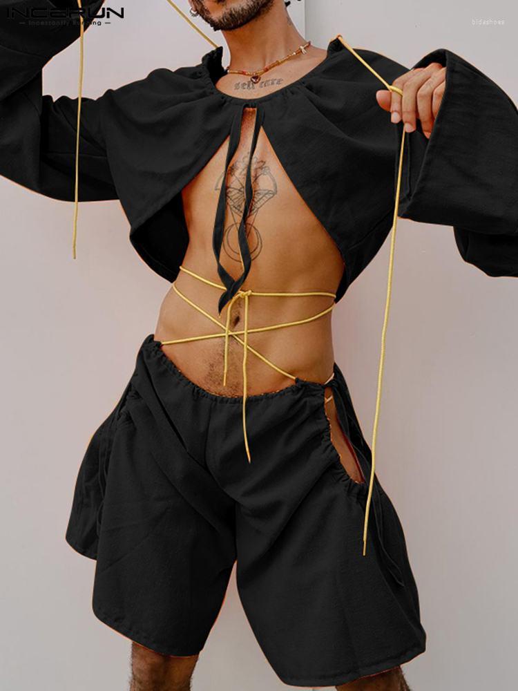 

Men' Tracksuits INCERUN Tops 2022 American Style Men Long-sleeved Cardigan Shorts Suits Fashion Male Cross Drawstring Strap Two-piece Sets, Black