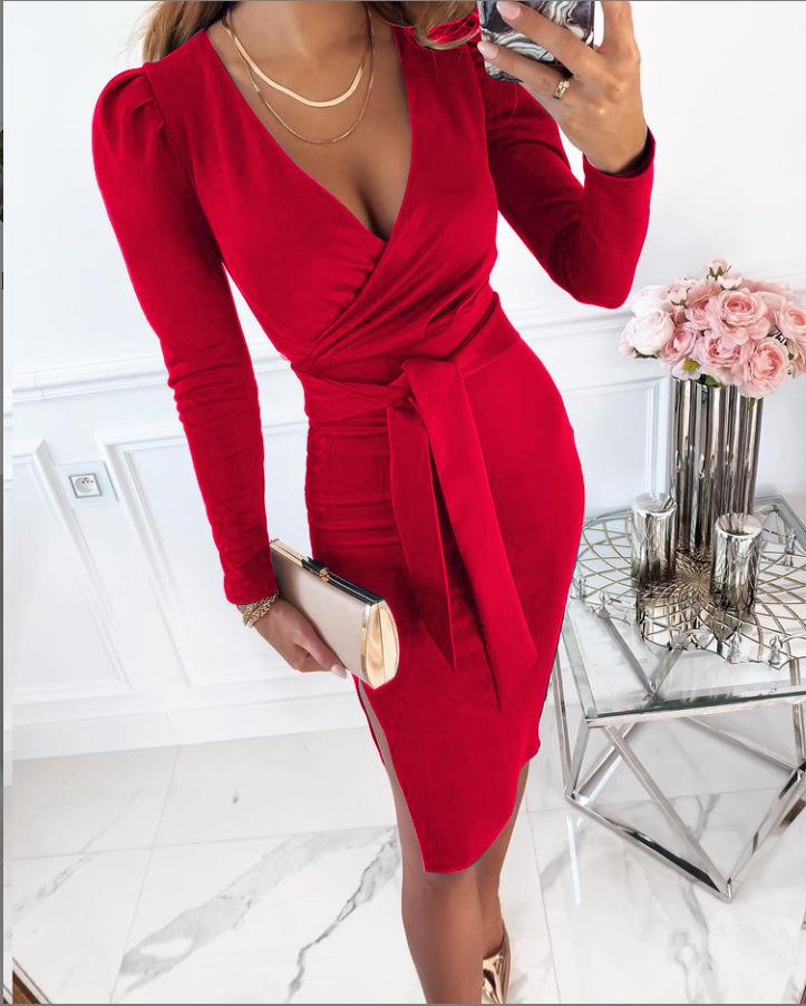 

Casual Dresses Solid Color Elegant Office Lady For Women Autumn Winter Long Sleeve Midi Dress Sexy V-neck Bodycon Evening Party Dresss, Black