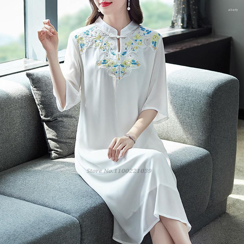 

Ethnic Clothing 2022 Chinese Dress Cheongsam Qipao Party Oriental Flower Embroidery Chiffon Women Elegant