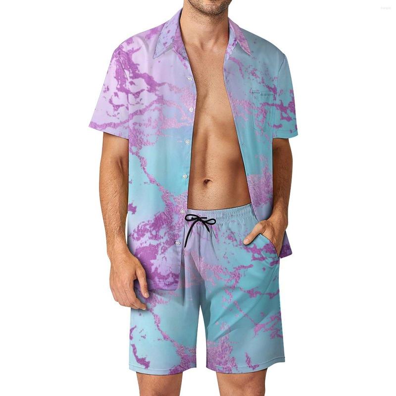 

Men's Tracksuits Pink Blue Purple Beach Men Sets Glitzy Marble Print Casual Shirt Set Summer Shorts Two-piece Trending Suit Plus Size, Style-6