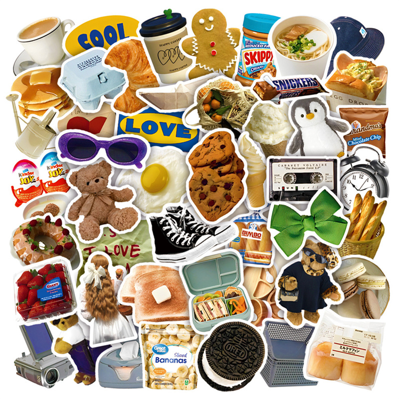 

50PCS/pack INS Style Biscuit Bear Sticker Food Vinyl Stickers Book Laptop Guitar Motorcycle Luggage Skateboard DIY Decorative Decal, Multi colors