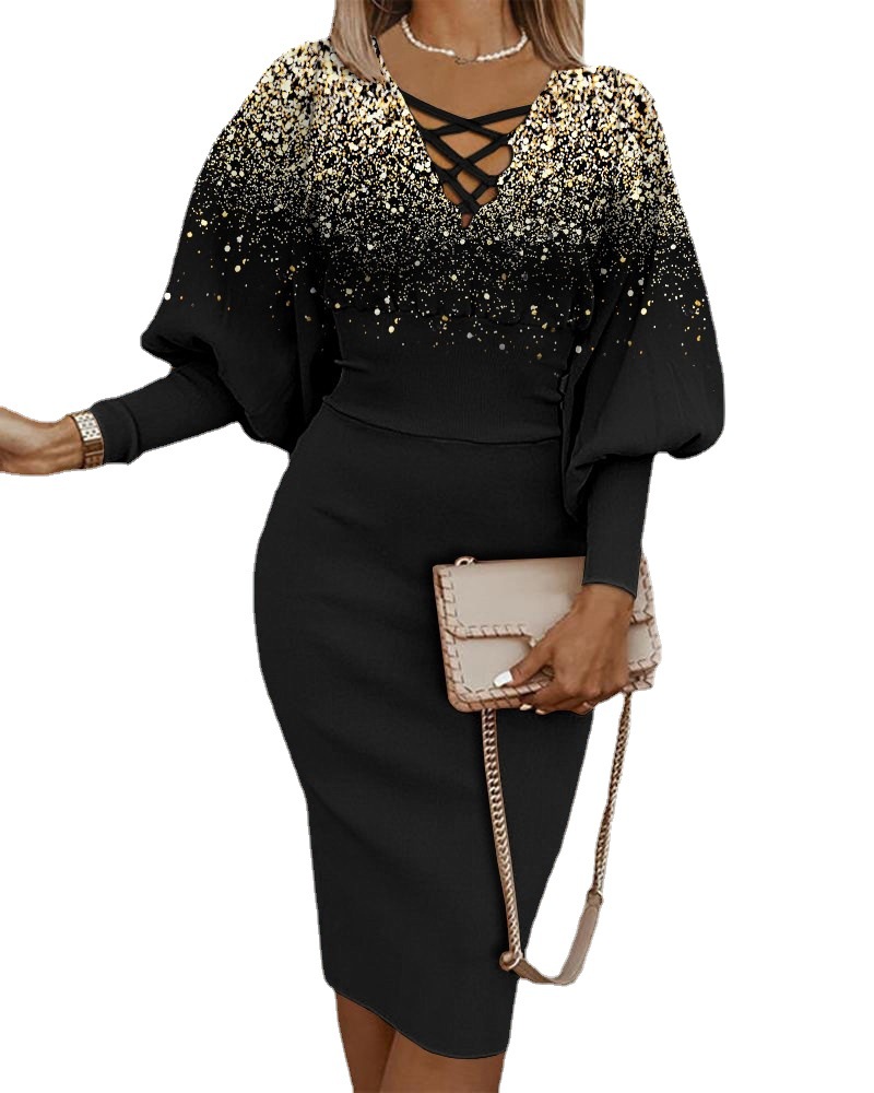 

Women Sexy V Neck Casual Dresses Printed Elegant Bodycon Long Sleeve Pencil Business Suiting Dress, Gold black