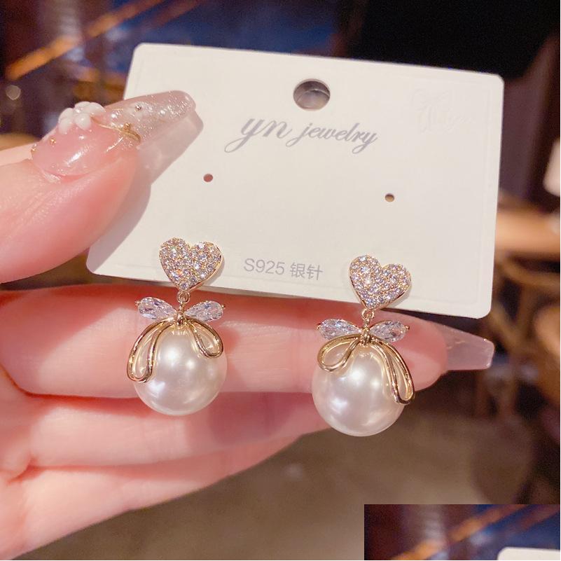 

Stud Fashion Jewelry Vintage S925 Sliver Post Stud Earrings Microinlaid Zircon Heart Bow Pearl Drop Delivery Dhybl