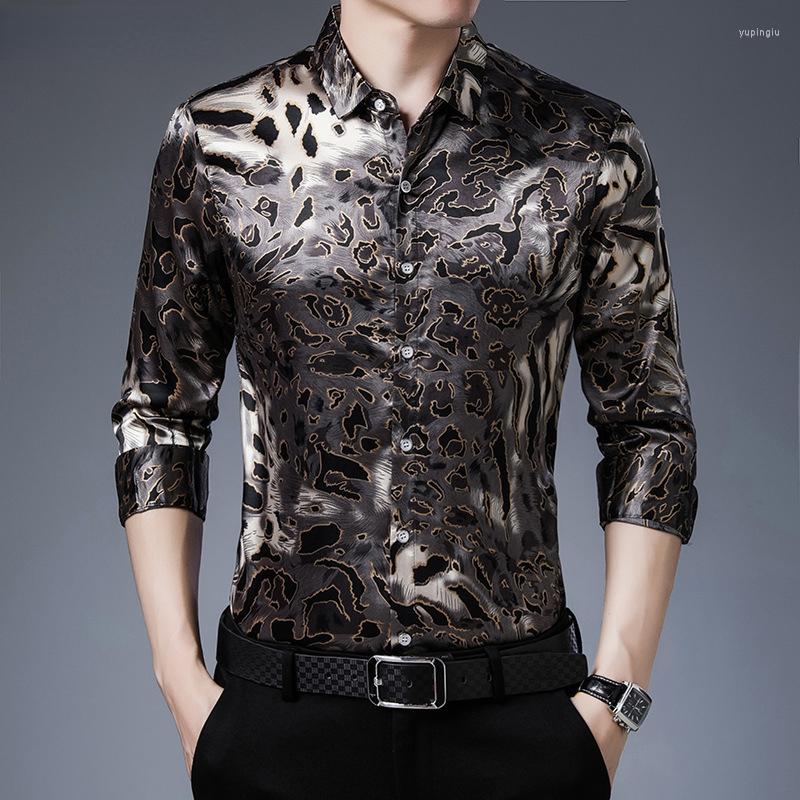 

Men's Casual Shirts Sexy Leopard Print Silk Like Shirt Men 2022 Slim Fit Stain Dress Mens Party Prom Wedding Chemise Homme, Pattern 2