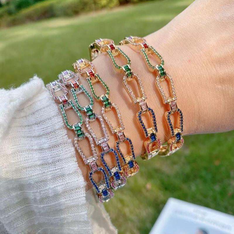 

Bangle 3Pcs Fashion Clasp Rainbow Zircon CZ Brass Bracelet Trendy Gold Plated Copper Women And Men Jewelry Gift