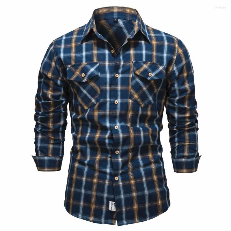 

Men' Casual Shirts Spring Double Button Down Pockets Plaid Shirt Long Sleeve Patch Male Regular Fit Plus Size, Blue