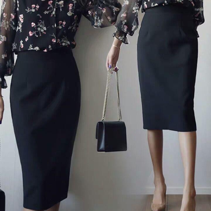 

Skirts Women 2022 Spring Autumn Midi Package Hip Pencil Skirt Female Elegant High Waist Office OL Ladies Slim Faldas G33, Black