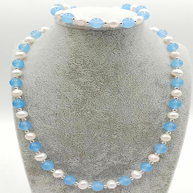 

7-8mm White Pearl 8mm Jade Beads Necklace 18'' Bracelet 7.5'' Set AAA