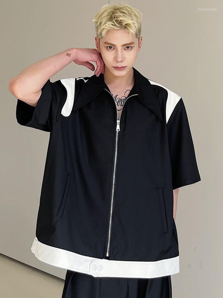 

Men's Casual Shirts Stitching Menswear Zipper Shirt Turn-down Collar Short Sleeve Loose Personality Design Summer 2022 2A1931, Black