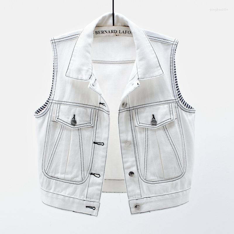 

Women' Vests Denim White Striped Women Vest Summer Vintage 2022 Turn-Down Collar Pocket Button Casual All Match Female Outwear Top Quality
